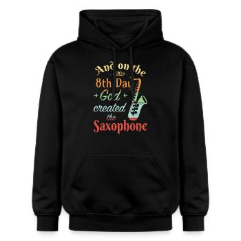 And on the 8th Day God created the Saxophone - Gildan Unisex Softstyle® Midweight Hoodie - Schwarz - Vorne - Marisol (170cm) & Nik (191cm)
