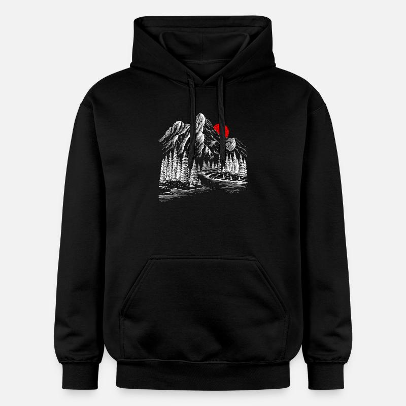 Soleil cramoisi sur les sommets enneigés - Sweat à capuche Softstyle® Gildan Unisexe - noir