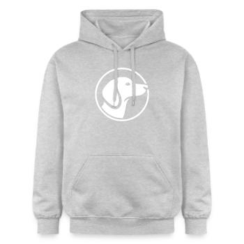 Dackel Logo – minimalistisches Hunde Emblem - Gildan Unisex Softstyle® Midweight Hoodie - Hellgrau meliert - Vorne - Liana (172cm) & Jaron (178cm)