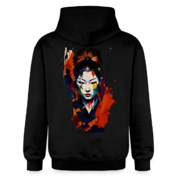 Samurai Kriegerin – Auffällige Spritzer Kunst - Gildan Unisex Softstyle® Midweight Hoodie - Schwarz - Hinten - Nik (191cm)