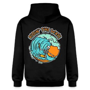 Lustiger Surfer, Surfen, Totenkopf, Spruch Surfing - Gildan Unisex Softstyle® Midweight Hoodie - Schwarz - Hinten - Nik (191cm)