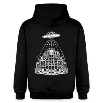 Rave Party Alien UFO Soundsystem - Gildan Unisex Softstyle® Midweight Hoodie - Schwarz - Hinten - Nik (191cm)