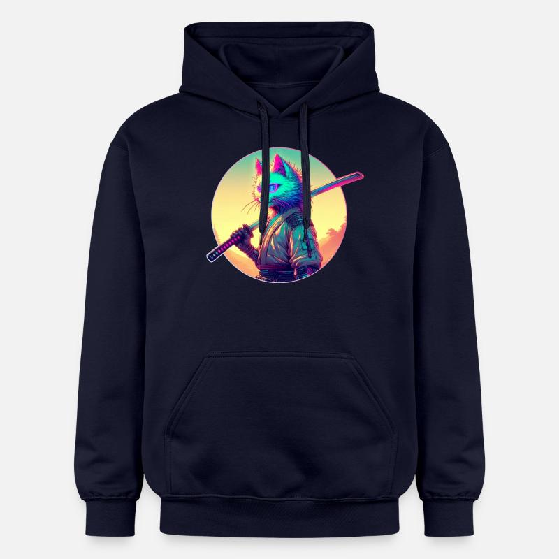 Cyberpunk Chat Samouraï Anime - Sweat à capuche Softstyle® Gildan Unisexe - bleu marine