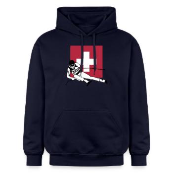 ski - alpine - apres - Suisse - Sweat à capuche Softstyle® Gildan Unisexe - bleu marine - Devant - Liana (172cm) & Jaron (178cm)