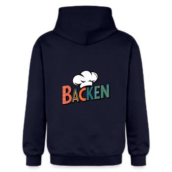 Backen mein Hobby - buntes Bäckermotiv - Gildan Unisex Softstyle® Midweight Hoodie - Navy - Hinten - Liana (172cm)