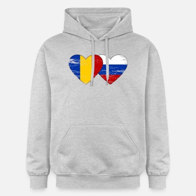 Roumanie Russie Drapeau Coeur Utilisé - Sweat à capuche Softstyle® Gildan Unisexe - gris clair chiné