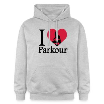 J'aime Parkour / traceur du coeur I - Sweat à capuche Softstyle® Gildan Unisexe - gris clair chiné - Devant - Liana (172cm) & Jaron (178cm)