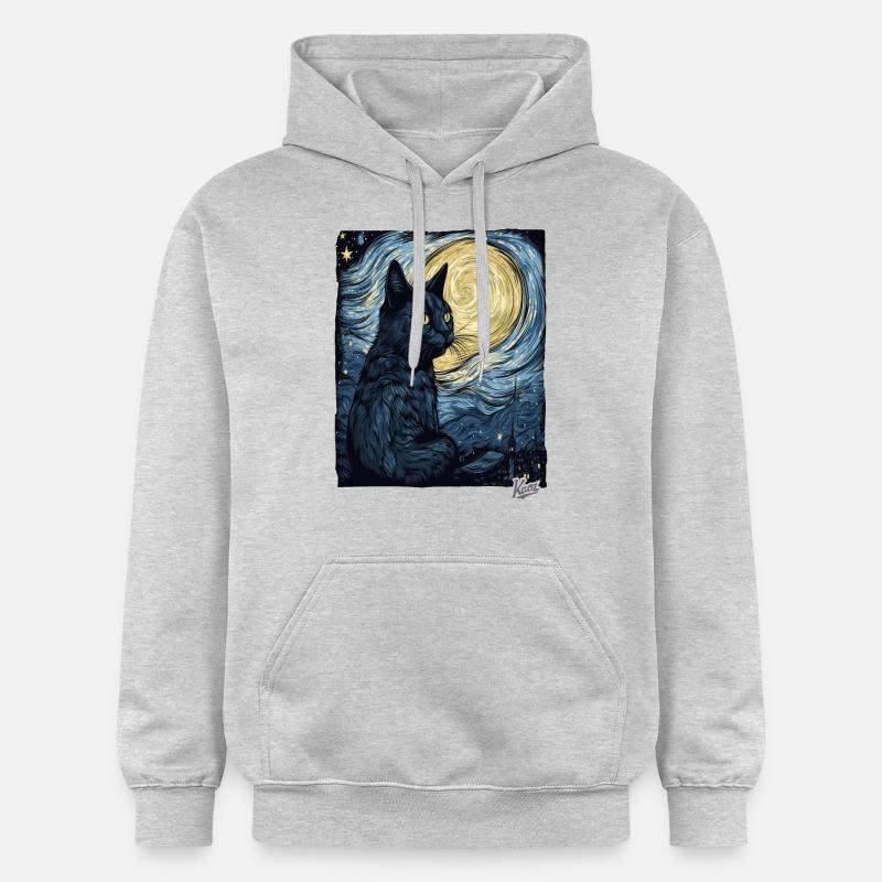 Nuit étoilée et chat noir - Sweat à capuche Softstyle® Gildan Unisexe - gris clair chiné
