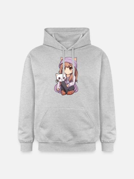 Kawaii Girl Anime Manga Fille et chat - Sweat à capuche Softstyle® Gildan Unisexe - gris clair chiné