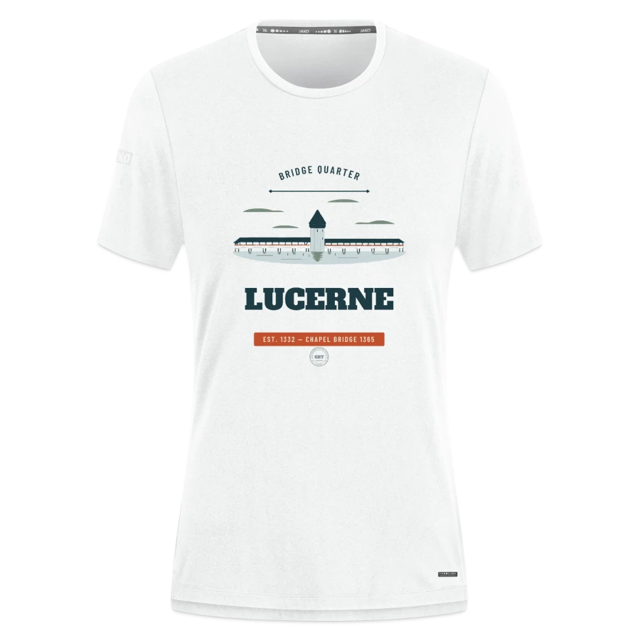 Lucerne badge on a jako pro casual women’s t-shirt, white