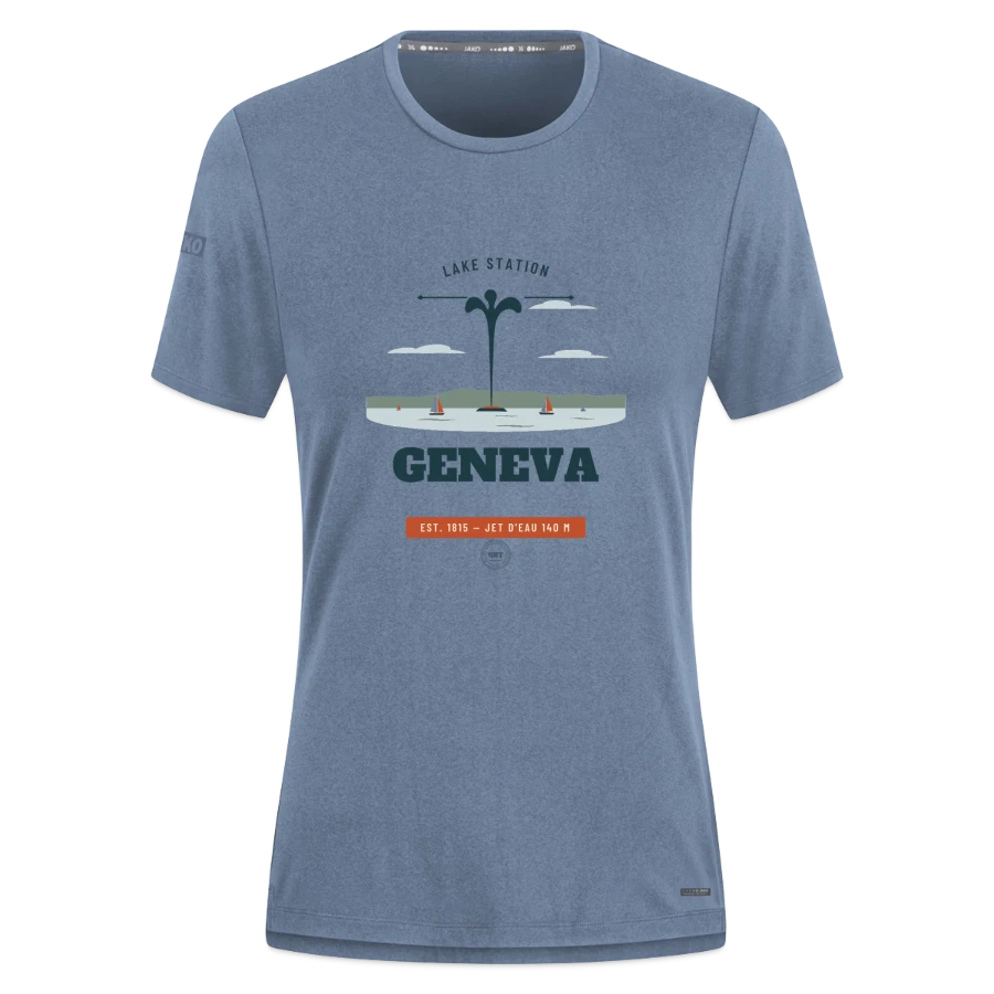 Geneva badge on a jako pro casual women’s t-shirt, steel blue