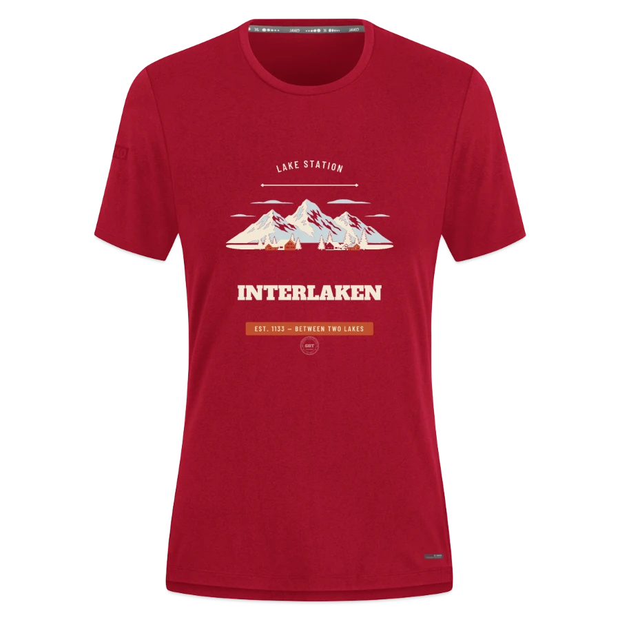 Interlaken badge on a jako pro casual women’s t-shirt, dark red