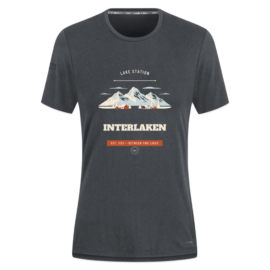 Interlaken badge on a jako pro casual women’s t-shirt, graphite grey