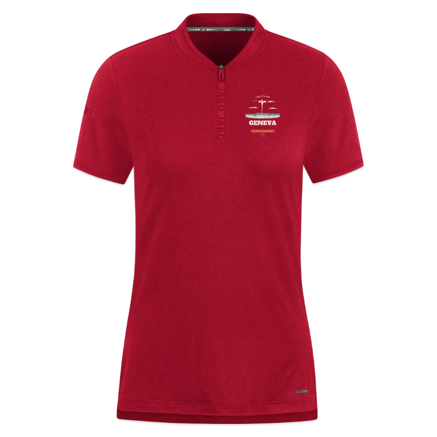 Geneva badge on a jako pro casual women’s polo shirt, dark red