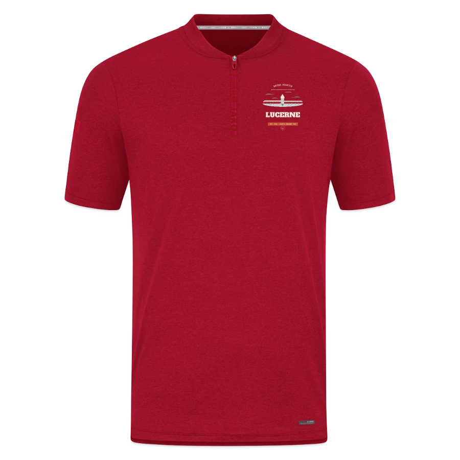Lucerne badge on a jako pro casual polo shirt, dark red