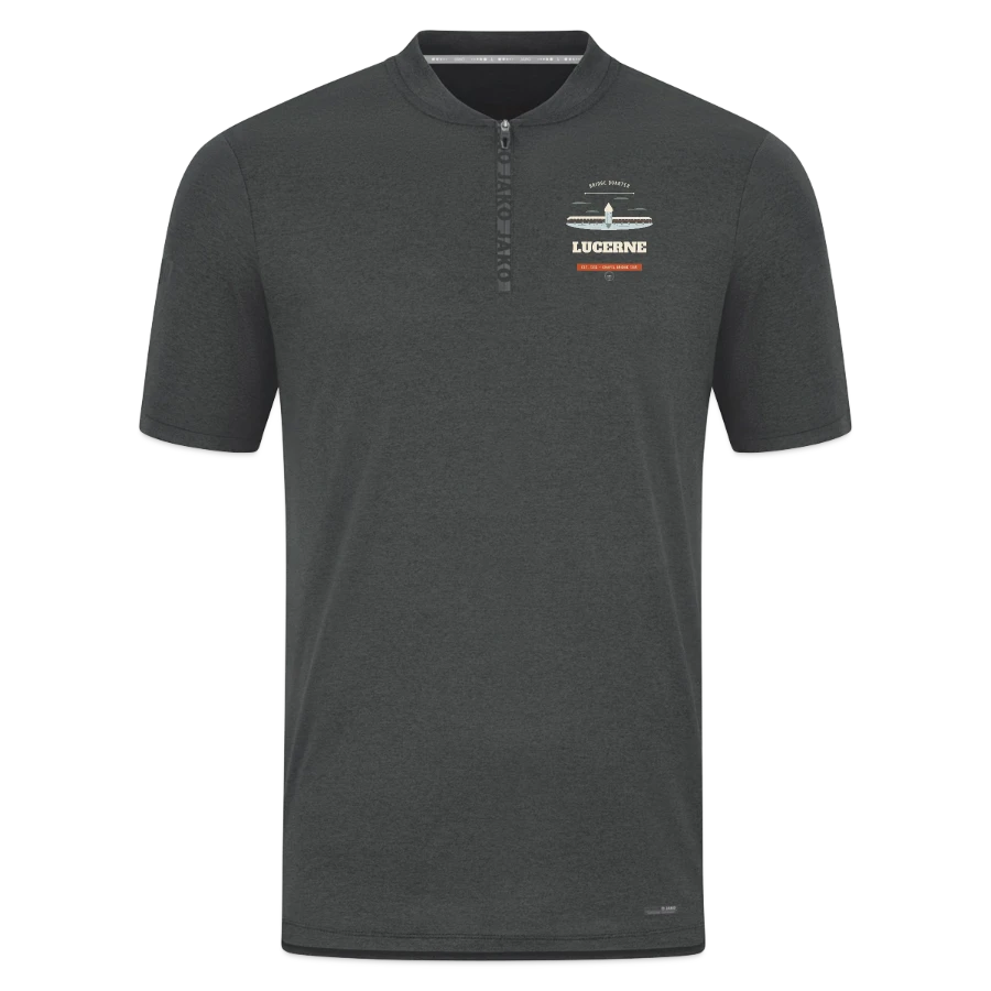 Lucerne badge on a jako pro casual polo shirt, graphite grey