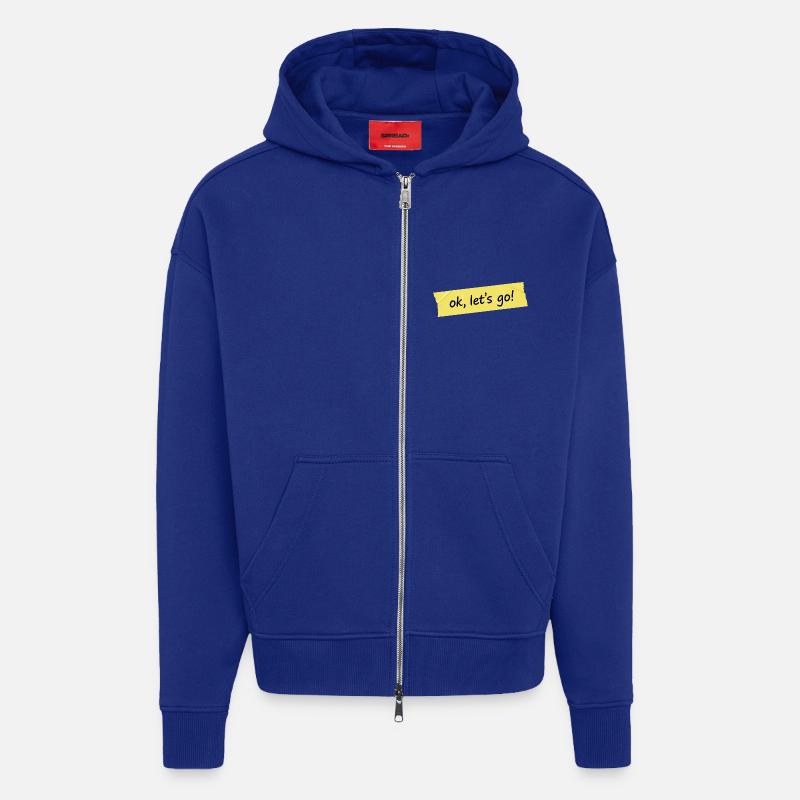 Ok, allons-y ! Conception du ruban jaune - Veste à capuche bio épaisse oversize fabriqué en UE - Iconic Blue