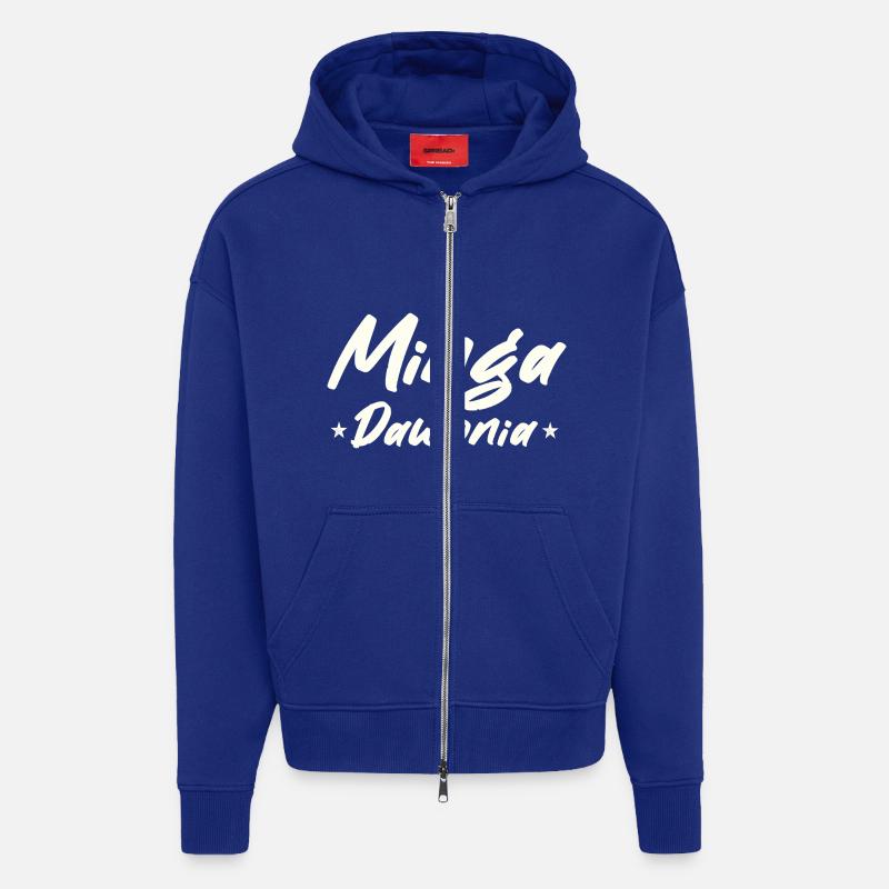 Minga Spruch vit à Munich - Veste à capuche bio épaisse oversize fabriqué en UE - Iconic Blue