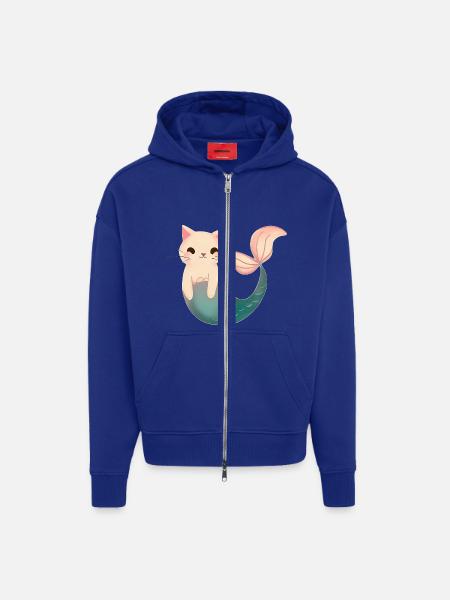 Chat sirène mignon - Veste à capuche bio épaisse oversize fabriqué en UE - Iconic Blue