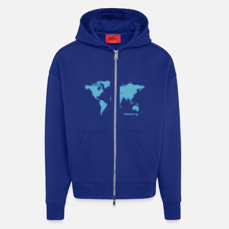 hambourg carte du monde - Veste à capuche bio épaisse oversize fabriqué en UE - Iconic Blue