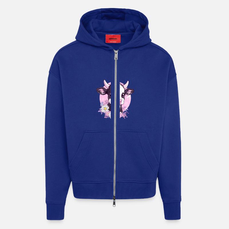 Illustration de vache fleurie - Veste à capuche bio épaisse oversize fabriqué en UE - Iconic Blue
