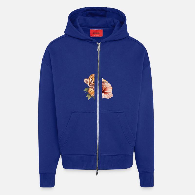 Bébé tigre avec fleur - Veste à capuche bio épaisse oversize fabriqué en UE - Iconic Blue