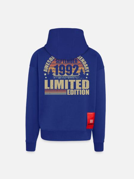 1992 septembre 1992 Anniversaire septembre 1992 - Veste à capuche bio épaisse oversize fabriqué en UE - Iconic Blue