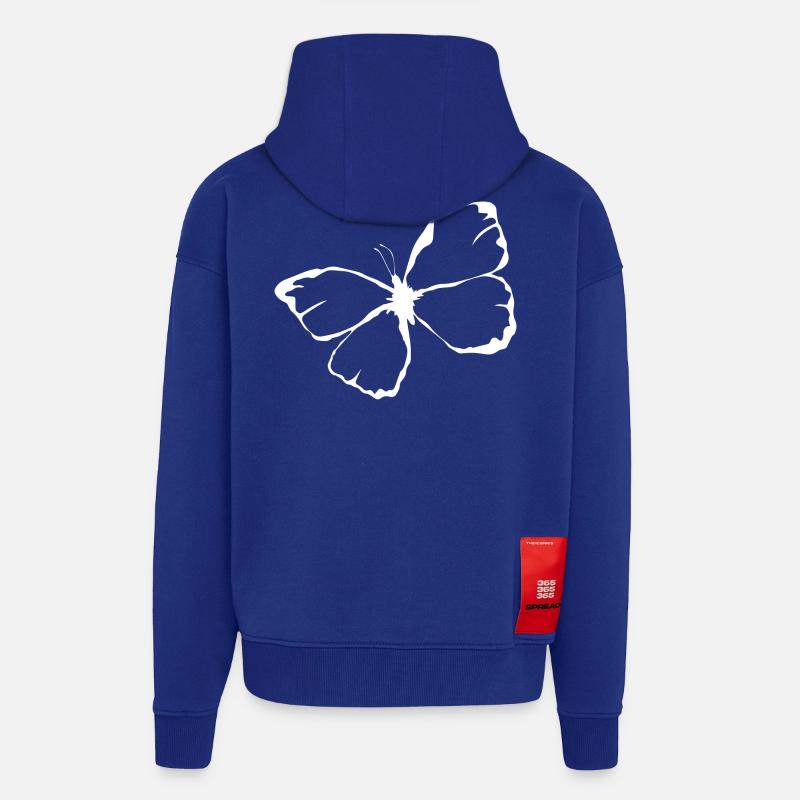 Papillon illustré blanc - Veste à capuche bio épaisse oversize fabriqué en UE - Iconic Blue