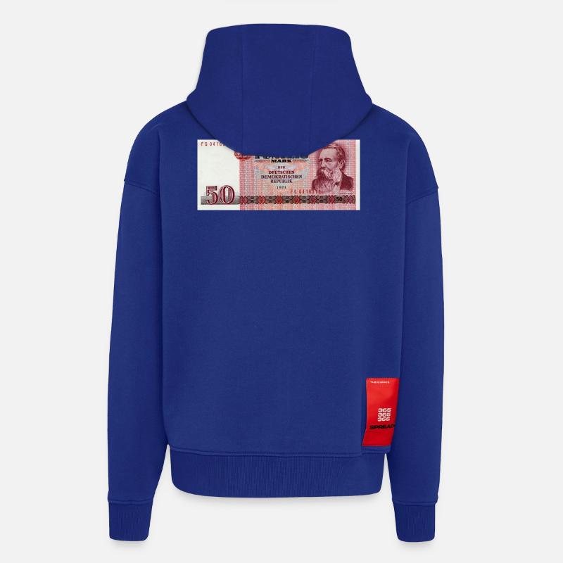 50 Markschein de la RDA - Veste à capuche bio épaisse oversize fabriqué en UE - Iconic Blue