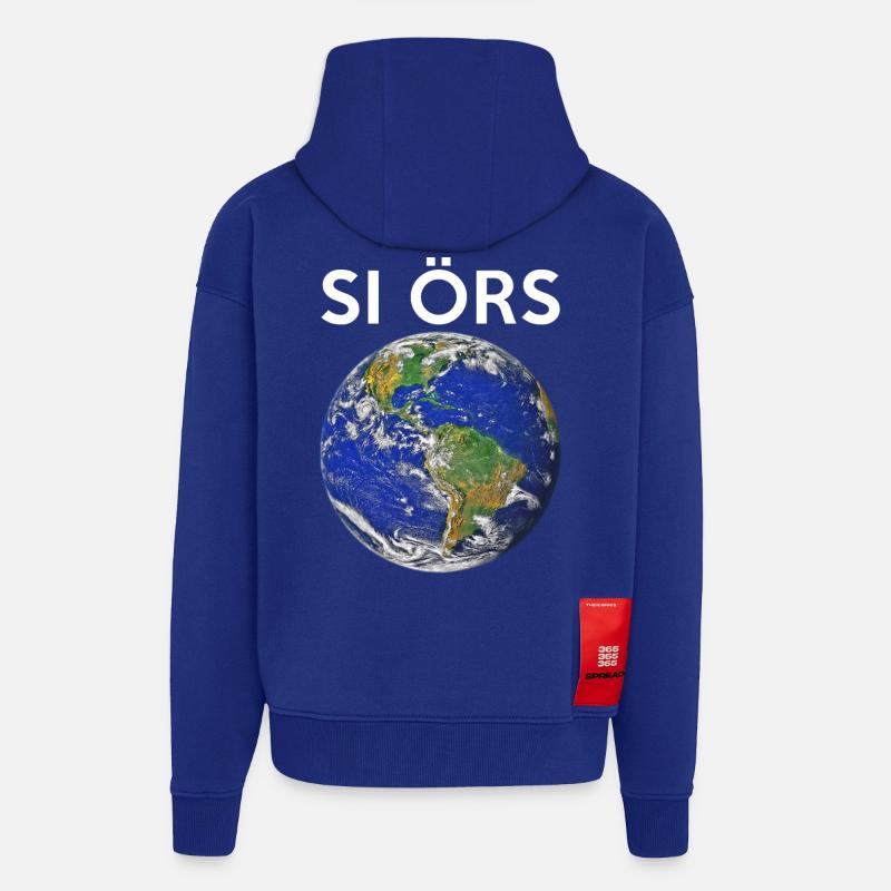 SI ÖRS Earth Globe Anglais TH-Laut tee-aitch - Veste à capuche bio épaisse oversize fabriqué en UE - Iconic Blue