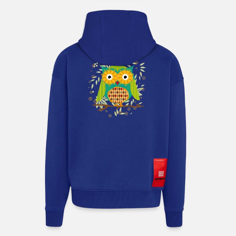 kunstvoll gestaltete Eule mit Patchwork-Muster - Zip Hoodie - made by SPREAD - Iconic Blue