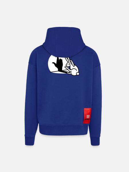 De grappige schaduw die van de konijnhand vingers kruisen - Heavyweight oversized organic ziphoodie made in EU - Iconic Blue