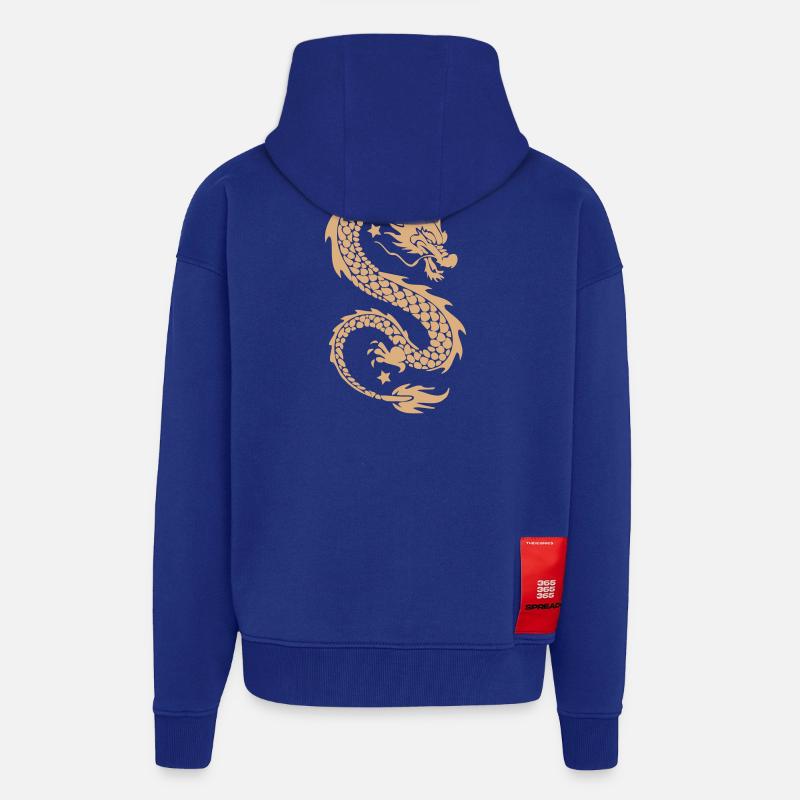 Silhouette dorée du Dragon Céleste - Veste à capuche bio épaisse oversize fabriqué en UE - Iconic Blue