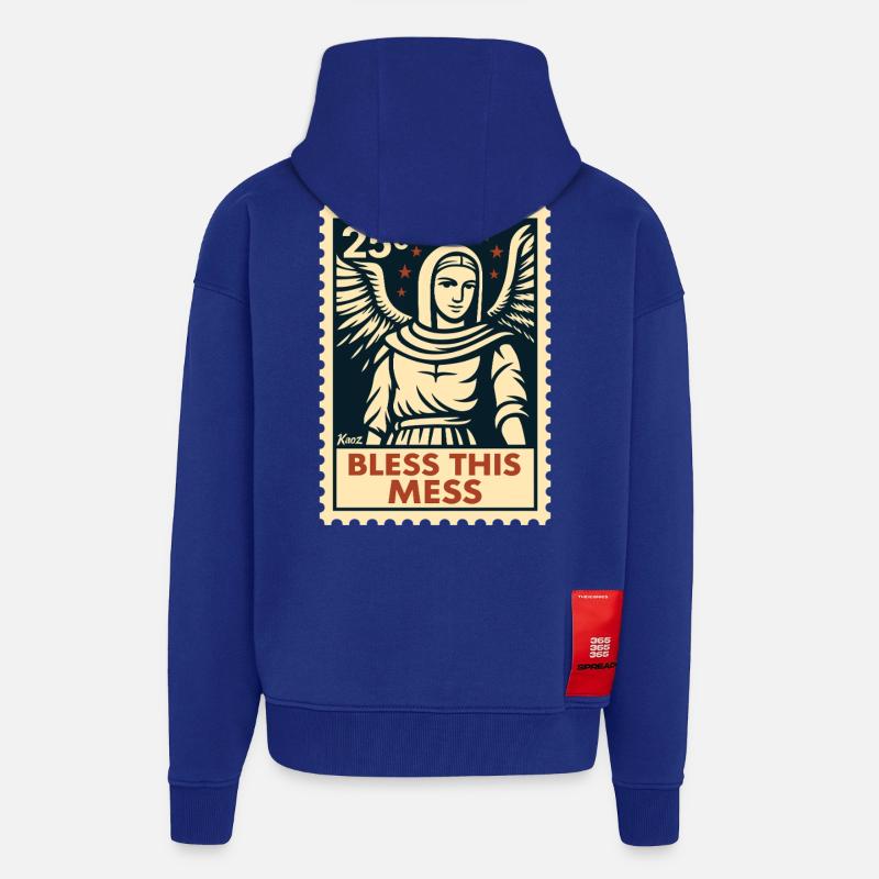 Bénis ce chaos – Timbre-poste Angel - Veste à capuche bio épaisse oversize fabriqué en UE - Iconic Blue