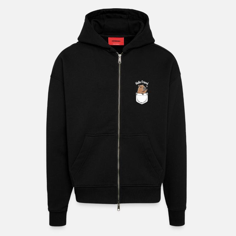 Motif ludique de capybara avec salutation - Veste à capuche bio épaisse oversize fabriqué en UE - SOLID BLACK