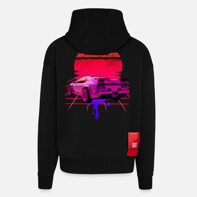 Retro Wave Supercar Sunset - Veste à capuche bio épaisse oversize fabriqué en UE - SOLID BLACK