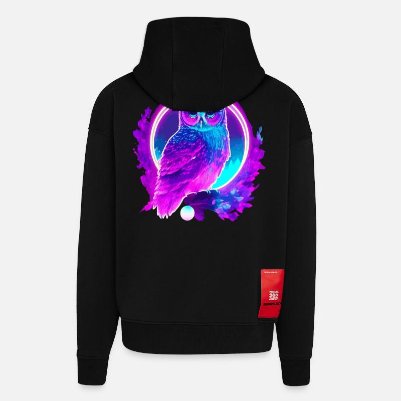 Owl Neon Moon Synthwave - Veste à capuche bio épaisse oversize fabriqué en UE - SOLID BLACK
