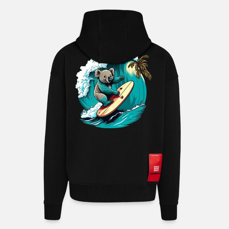 Koala s’amuse à surfer - Veste à capuche bio épaisse oversize fabriqué en UE - SOLID BLACK