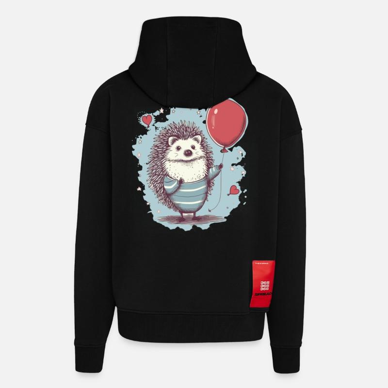 Hérisson mignon avec ballon - Veste à capuche bio épaisse oversize fabriqué en UE - SOLID BLACK
