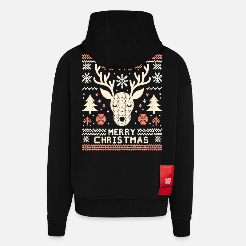 Pull de Noël moche renne - Veste à capuche bio épaisse oversize fabriqué en UE - SOLID BLACK