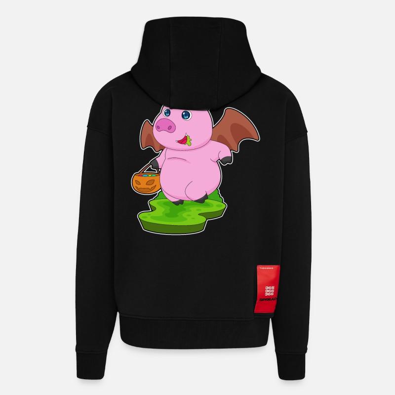 Cochon Halloween Bat - Veste à capuche bio épaisse oversize fabriqué en UE - SOLID BLACK