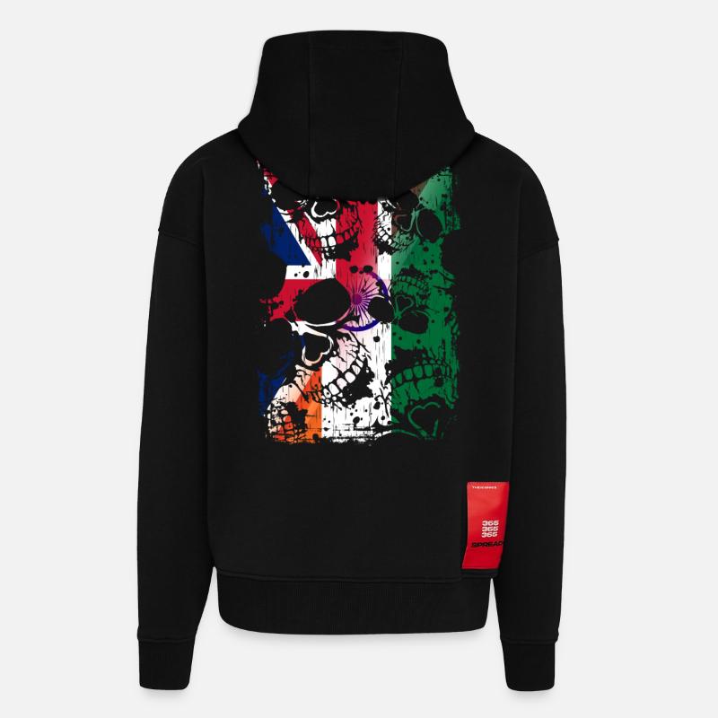 Royaume-Uni Inde Drapeau et crânes - Veste à capuche bio épaisse oversize fabriqué en UE - SOLID BLACK
