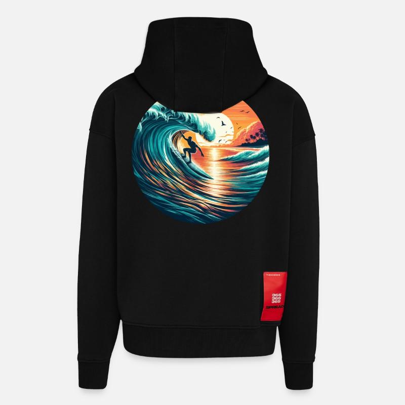 Surfeur au coucher du soleil - Veste à capuche bio épaisse oversize fabriqué en UE - SOLID BLACK
