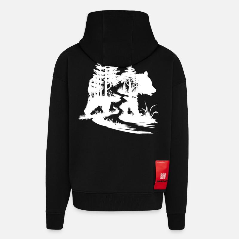 Silhouette d’ours Art forestier - Veste à capuche bio épaisse oversize fabriqué en UE - SOLID BLACK