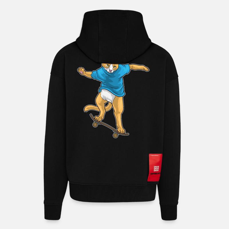Chat Skater Skateboard - Veste à capuche bio épaisse oversize fabriqué en UE - SOLID BLACK