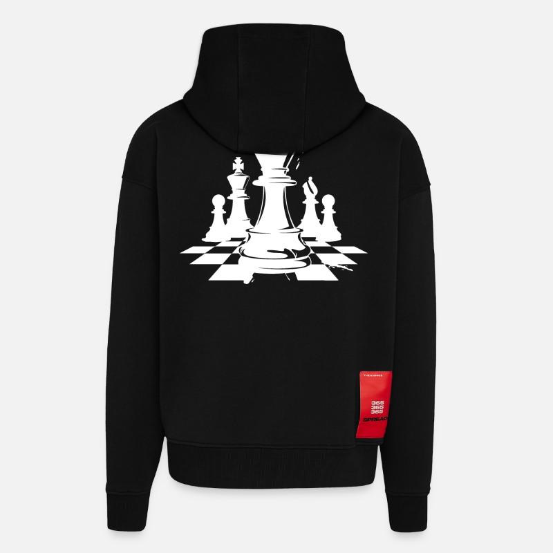 Dessin de pièces d’échecs - Veste à capuche bio épaisse oversize fabriqué en UE - SOLID BLACK
