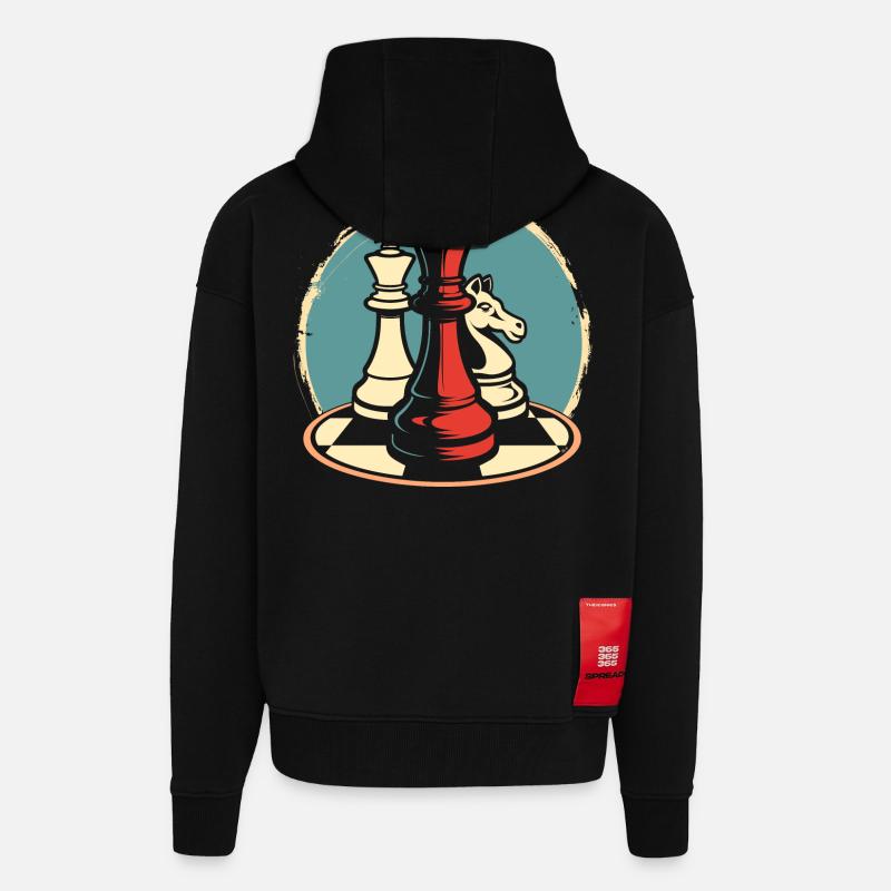 Graphiques de pièces d’échecs - Veste à capuche bio épaisse oversize fabriqué en UE - SOLID BLACK