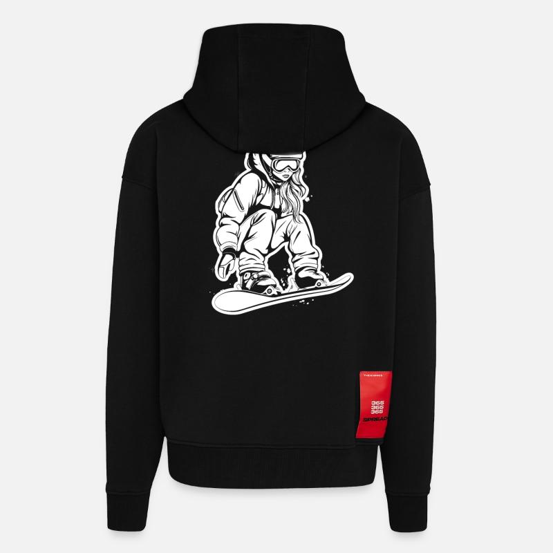 Dessin d’une snowboardeuse - Veste à capuche bio épaisse oversize fabriqué en UE - SOLID BLACK