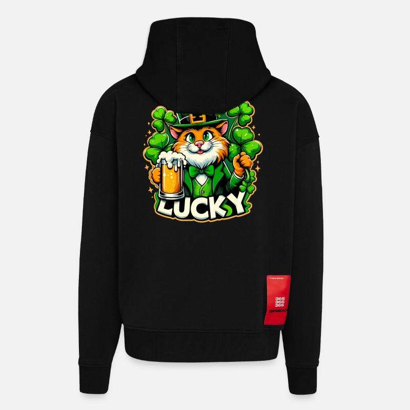 Saint-Patrick Leprechaun Cat Happy - Veste à capuche bio épaisse oversize fabriqué en UE - SOLID BLACK