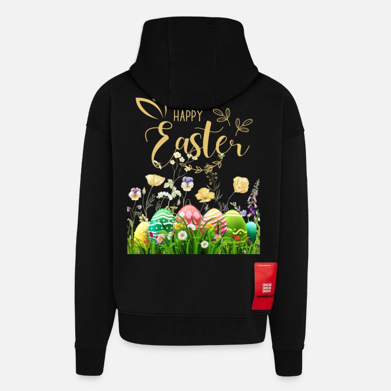 Pâques dorées - Fleurs et œufs - Veste à capuche bio épaisse oversize fabriqué en UE - SOLID BLACK
